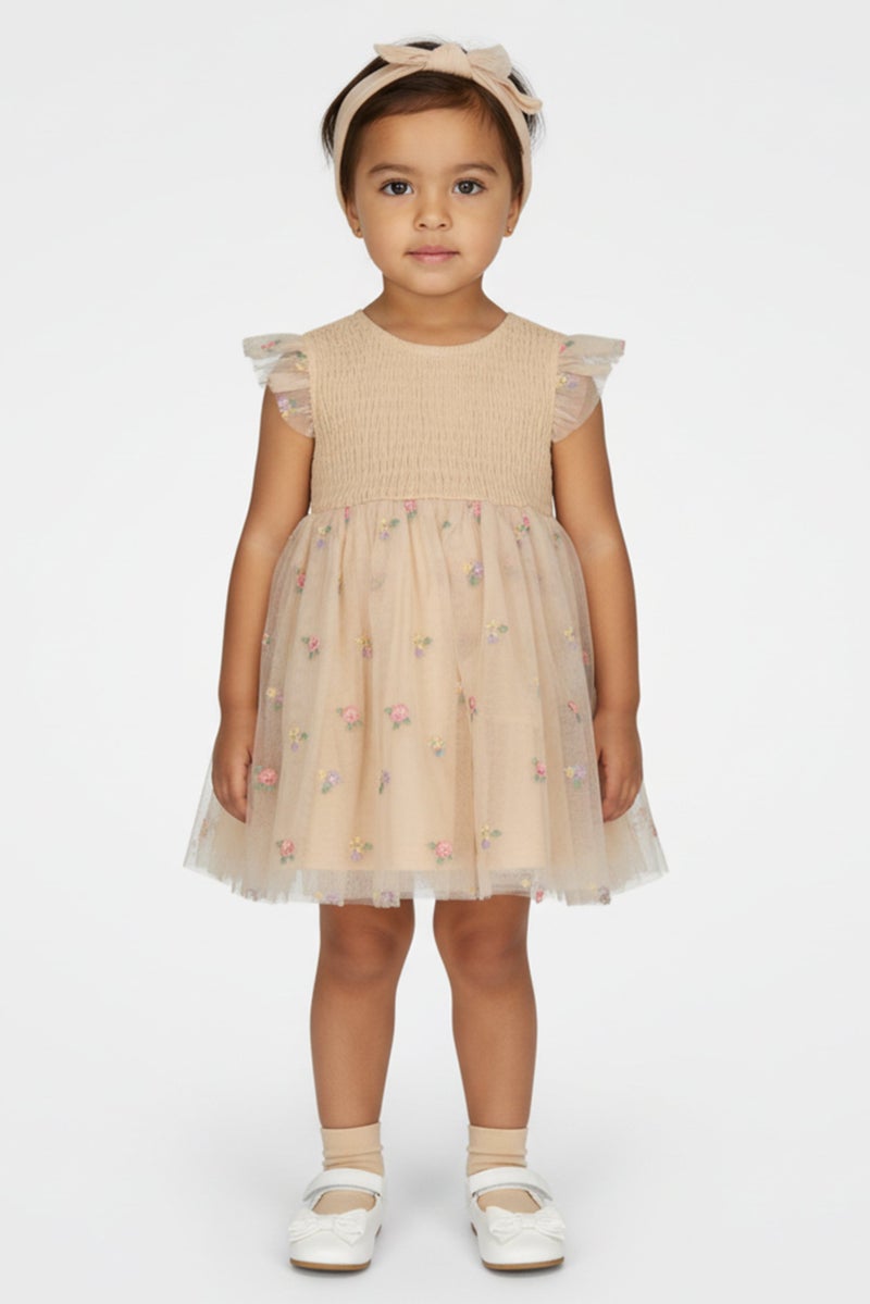 Daisy Fuentes Toddlers Girl 3 Pcs Embroidered Dress, Panty And Headband Set, Beige - Image 1